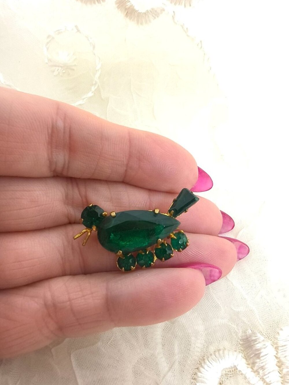 Vintage Signed CZCHO Green Duck Rhinestone Brooch With Glass Cabochon 1.25" - Picture 5 of 6